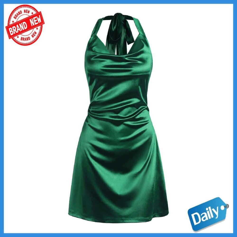 Satin Halterneck Mini Dress - Sexy Cowl Neck Party Clubwear